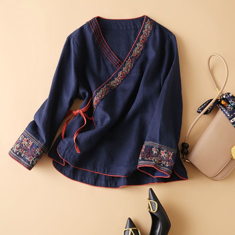Chemisier en lin et coton de style ethnique pour femme, brodé, à manches 3/4, avec ceinture à nouer, coupe ample et respirante, style rétro décontracté pour le quotidien