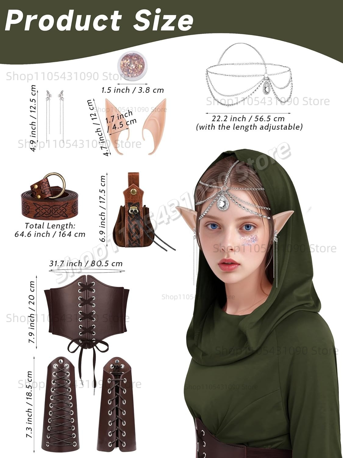 Tenue d'elfe forestier vintage, robe médiévale à capuche irrégulière avec ceinture, protège-bras, accessoires d'elfe, costume de cosplay