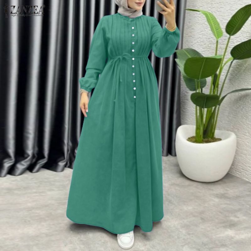Robes longues maxi ZANZEA pour femmes musulmanes, avec détails plissés, col montant, manches longues, ceinture à nouer, abaya islamique modeste