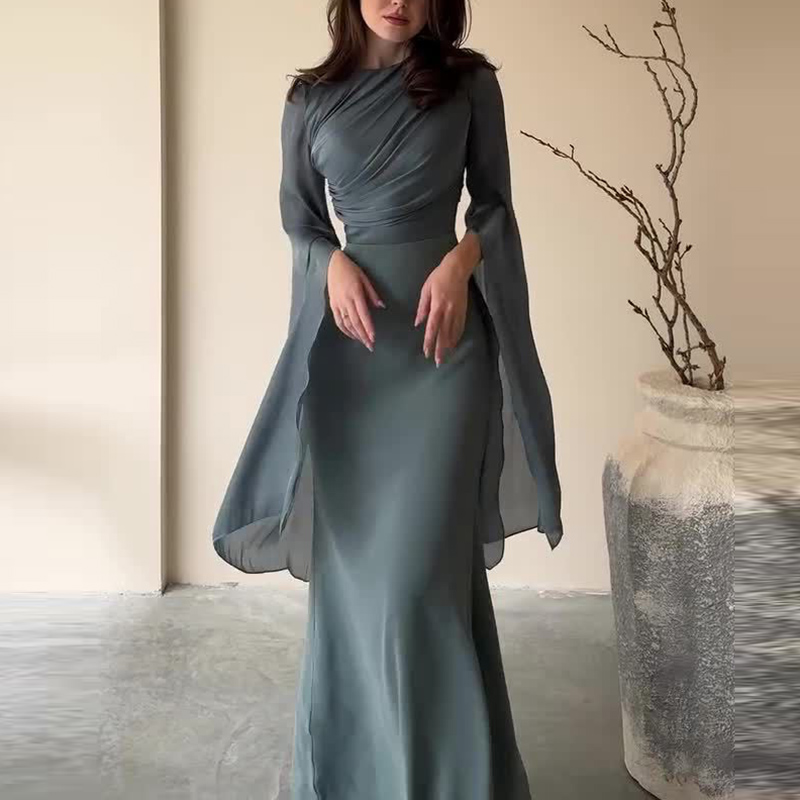 Robe de Soirée Longue en Satin pour Femme, Tenue Élégante, Couleur Unie, Col Rond, Manches Chauve-Souris, Taille Haute, Plissée