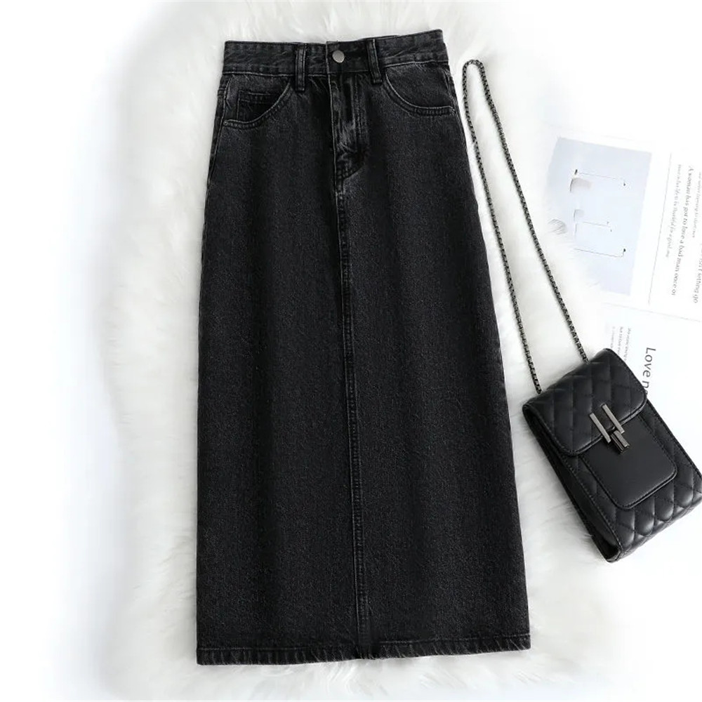 Femmes Denim jupe printemps une ligne été taille haute ample ourlet fendu bleu foncé Chic décontracté Streetwear Jean Midi jupe Streetwear