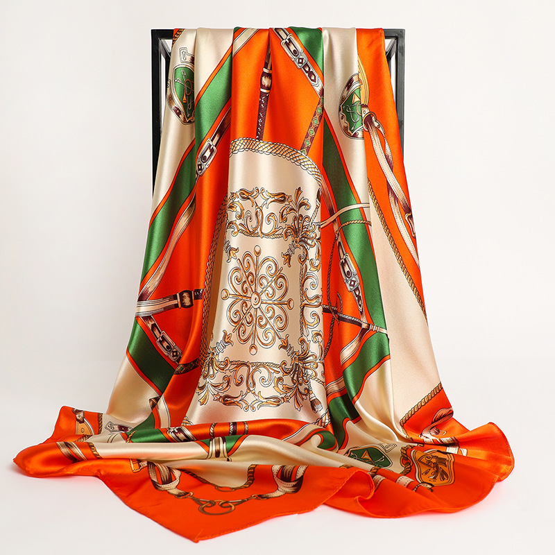 Foulard en Soie Imprimé 90x90cm, Grand Carré en Satin, Châle de Luxe pour Femme, Marque de Créateur, Hijab, Bandeau