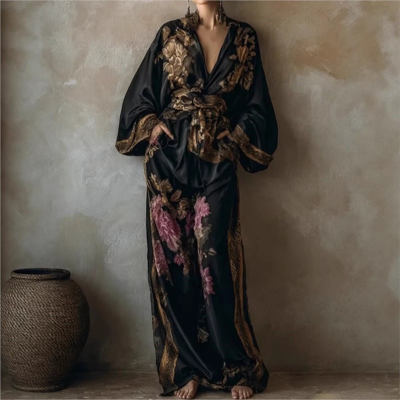 Ensemble deux pièces pour femme Printemps-Été 2026, imprimé vintage, haut en dentelle ample à décolleté plongeant sexy et pantalon décontracté à jambes larges