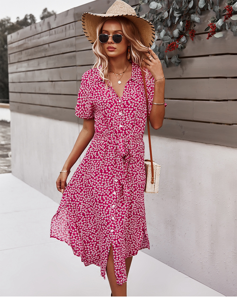 Robe d'été mi-longue à imprimé Floral pour femmes, décontractée, manches courtes, boutons, vacances, col en v, plage, Boho Chic, Robe élégante