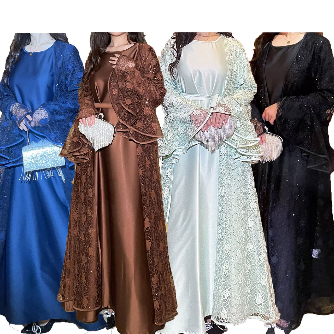 Ensemble deux pièces pour femmes musulmanes marron, dentelle, paillettes, manches cloche, robe de banquet élégante