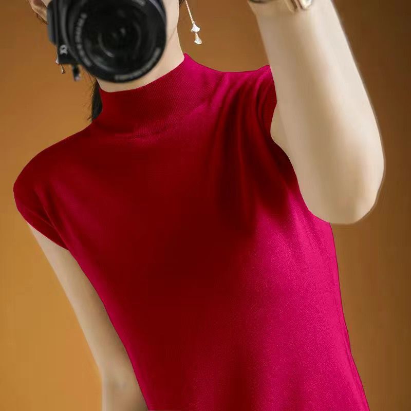 T-shirt à manches courtes en tricot pour femme, demi-col roulé, monochrome, décontracté, mode printemps, été, 2024