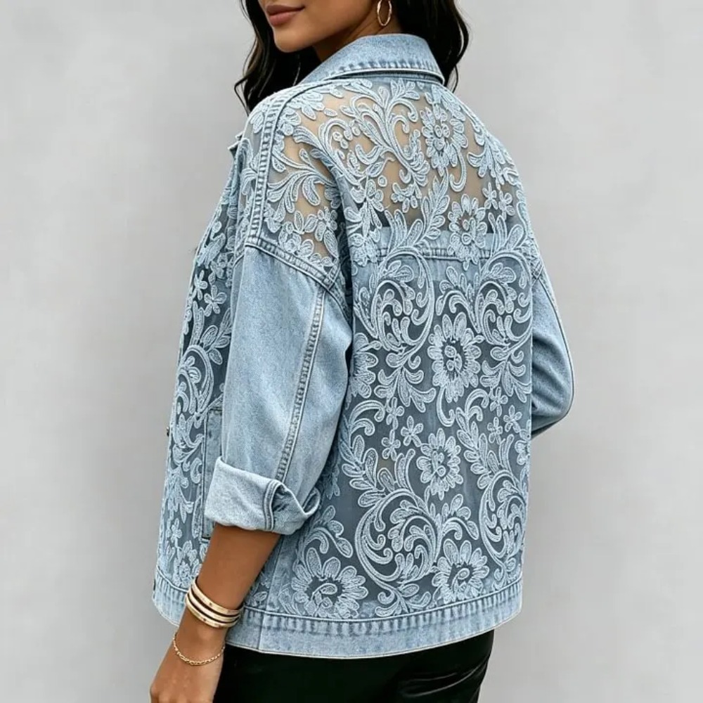 Veste en jean décontractée pour femme avec patchwork de dentelle transparente, boutonnée, coupe ample, manches longues, style streetwear tendance