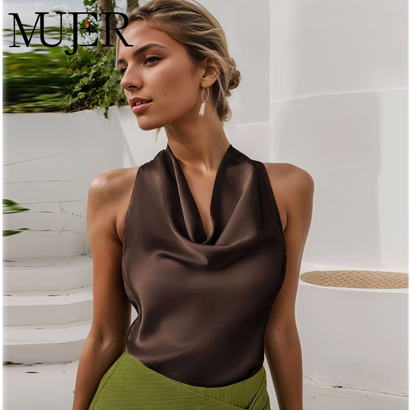Haut court en satin pour femme, dos nu, style licou, épaules dénudées, débardeur sexy, camisole de plage