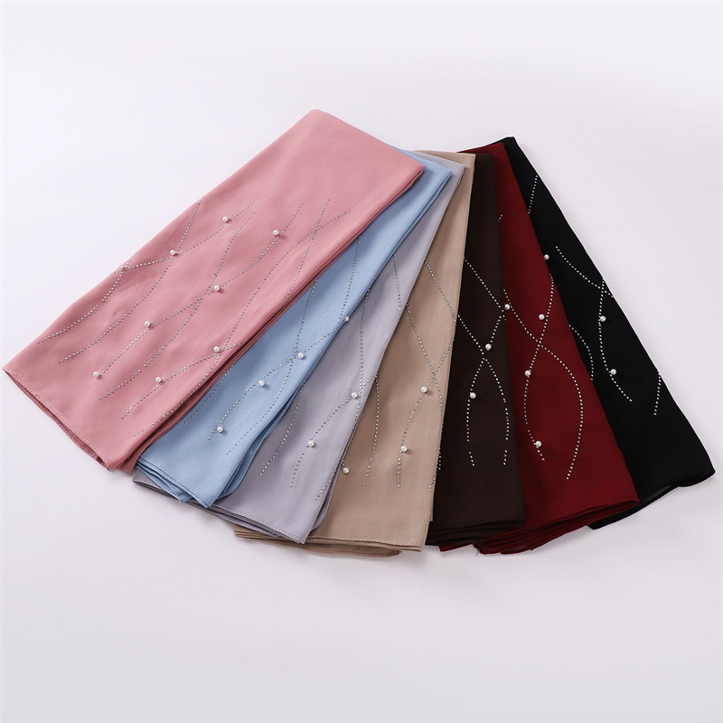 Châle en mousseline de soie avec perles et strass, écharpe de haute qualité, perles scintillantes, bandeau enveloppant, Hijab musulman