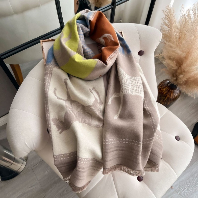 POBING Nouvelle Écharpe d'Hiver Tendance pour Femme, en Cachemire Doux et Chaud, Pashmina à Motif Cheval Écossais, Châle Épais, Écharpes, Foulards, Étoles à Pompons