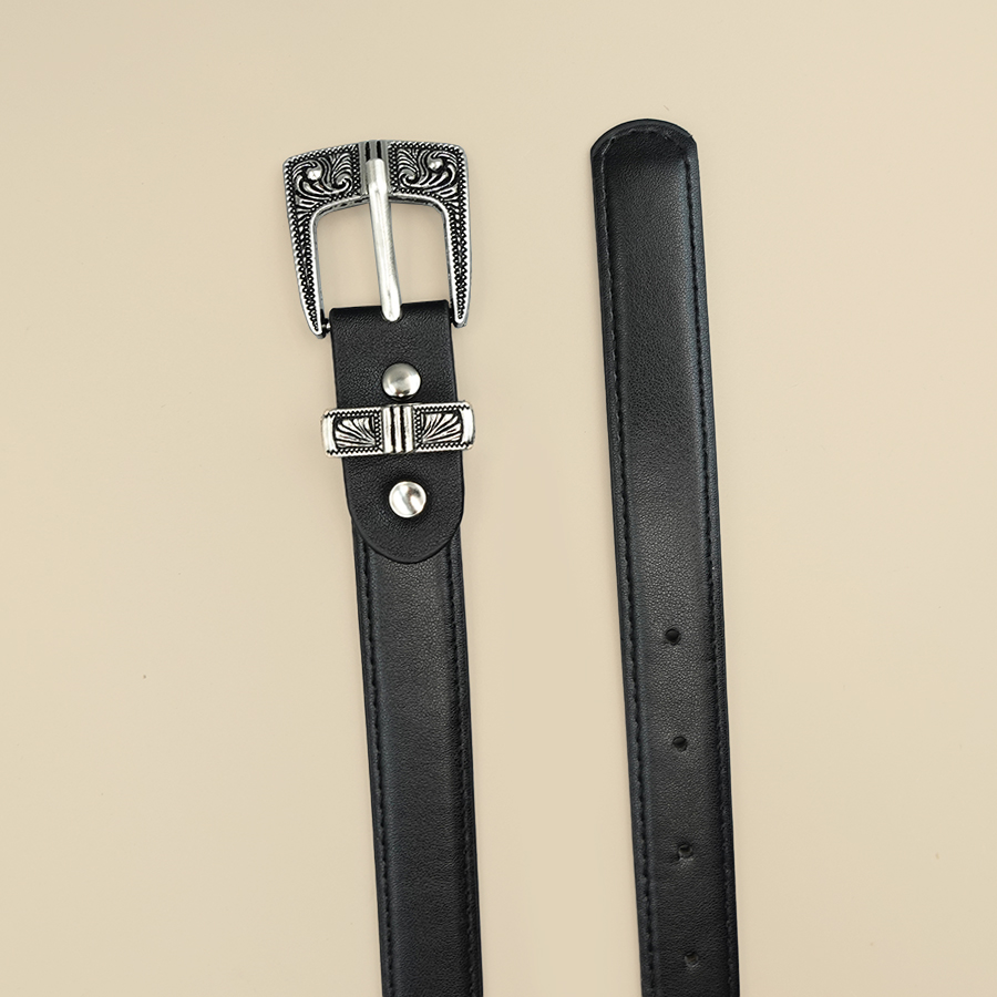 Ceinture pour femmes à bordure noire, couleur unie, ceinture quotidienne décontractée, boucle en alliage sculpté en argent, Date de déplacement quotidien, accessoires de mode