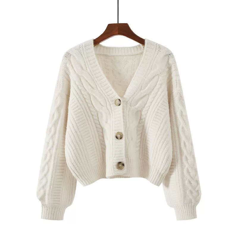 Cardigan court à manches longues et col en v pour femme, couleur unie, Vintage, torsadé, tricoté, avec boutons, nouvelle collection automne hiver