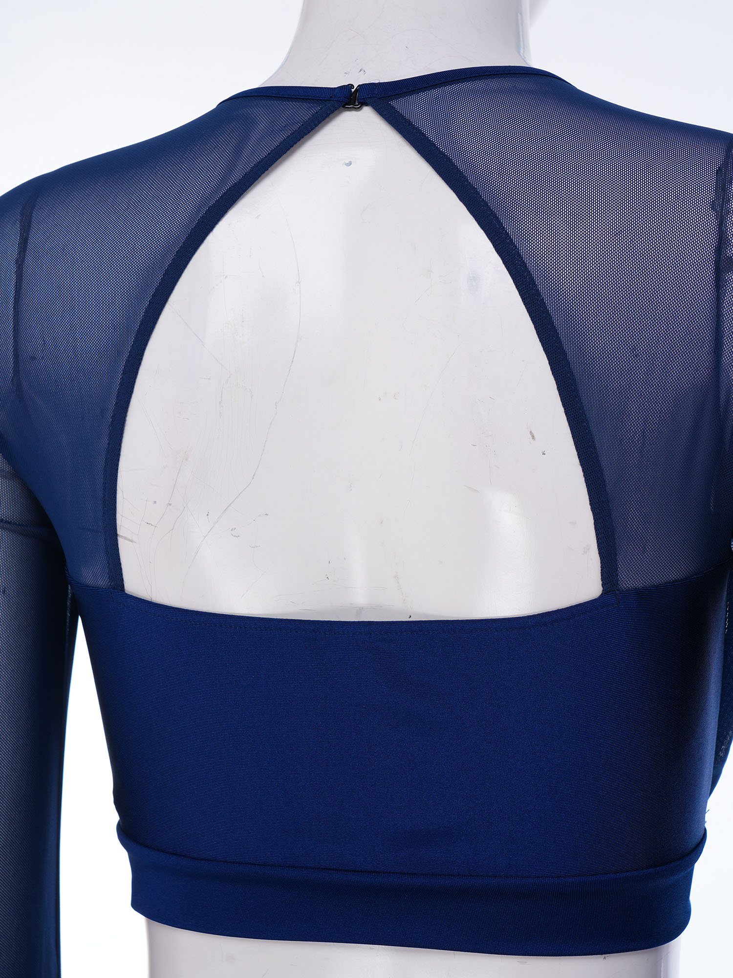 Tenue de danse lyrique moderne pour femme avec appliques à sequins, haut court dos nu à manches lanternes et pantalon fluide en maille transparente