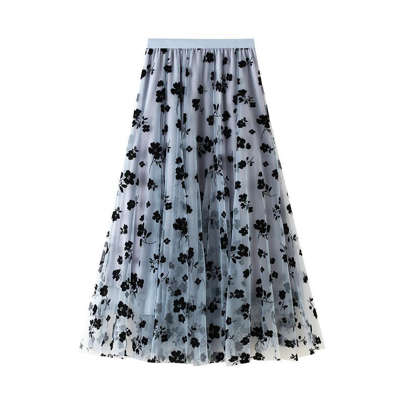 Jupes mi-longues plissées à fleurs pour femmes, jupes en tulle, taille haute, flocage coréen, maille élégante, dames de bureau, été, nouveau