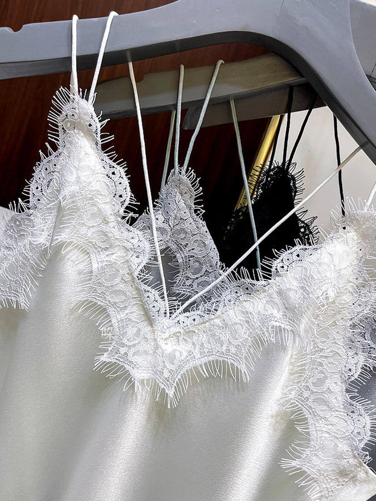 Débardeur en soie à col en V avec patchwork de dentelle pour femme, hauts en satin sans manches été 2026