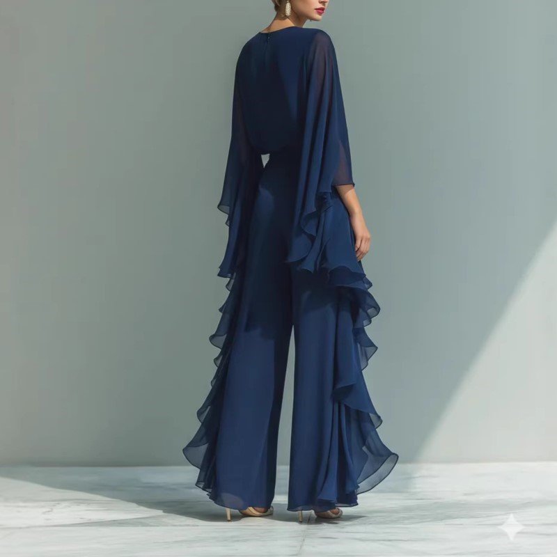 Ensemble deux pièces bohème pour femme : chemise en mousseline bleu marine à manches cloche et pantalon droit à volants – Tenue tendance