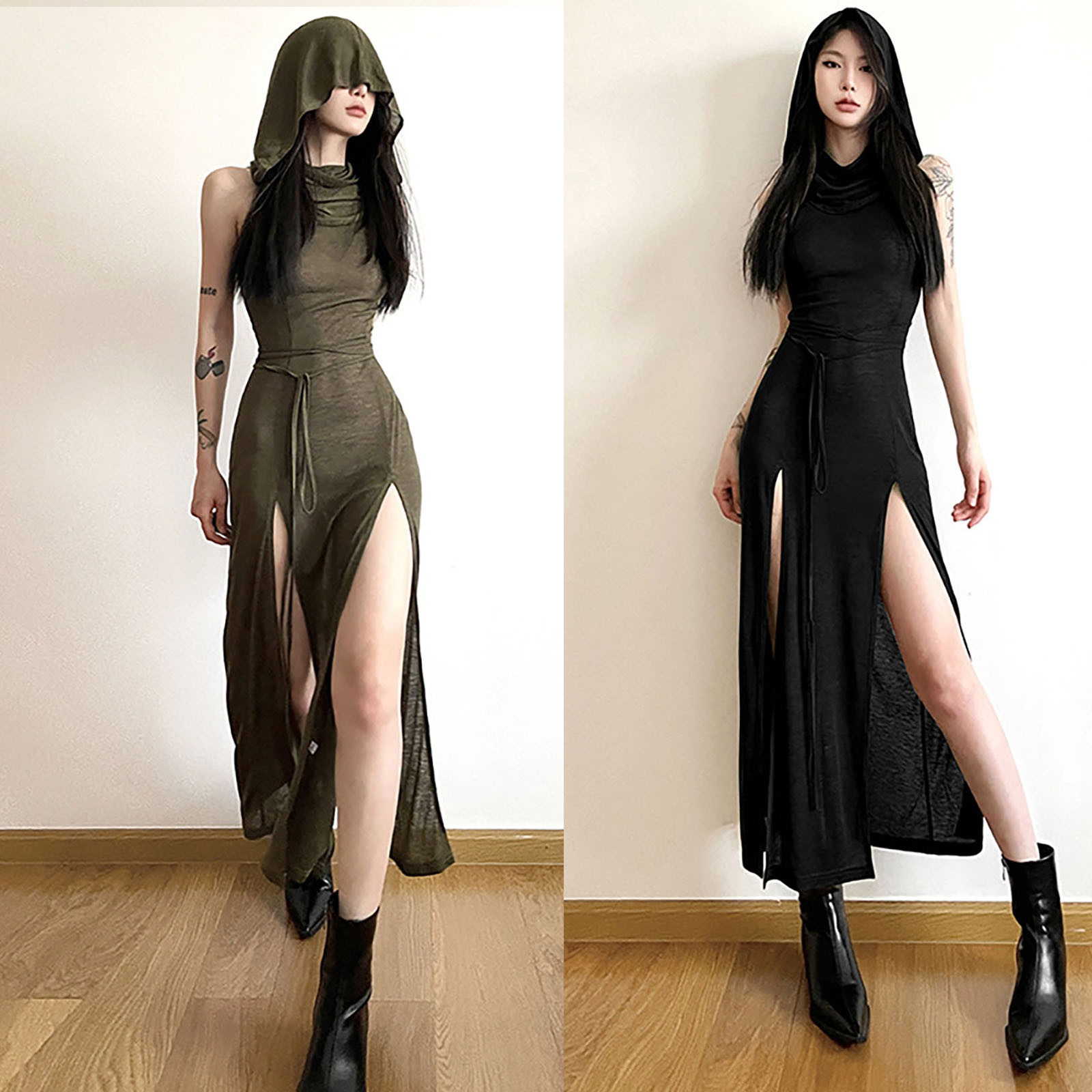 Robe à capuche gothique pour femme, Streetwear monochrome, Robe midi évidée, Cyber Y2k, Goth, Punk Grunge, Côté fendu sexy, Desert Walker