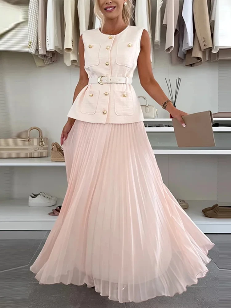 Ensemble gilet et jupe élégante pour femmes, ceinture, sans manches, col rond, simple boutonnage, taille haute, jupe longue plissée, costume Chic pour nouvelle dame