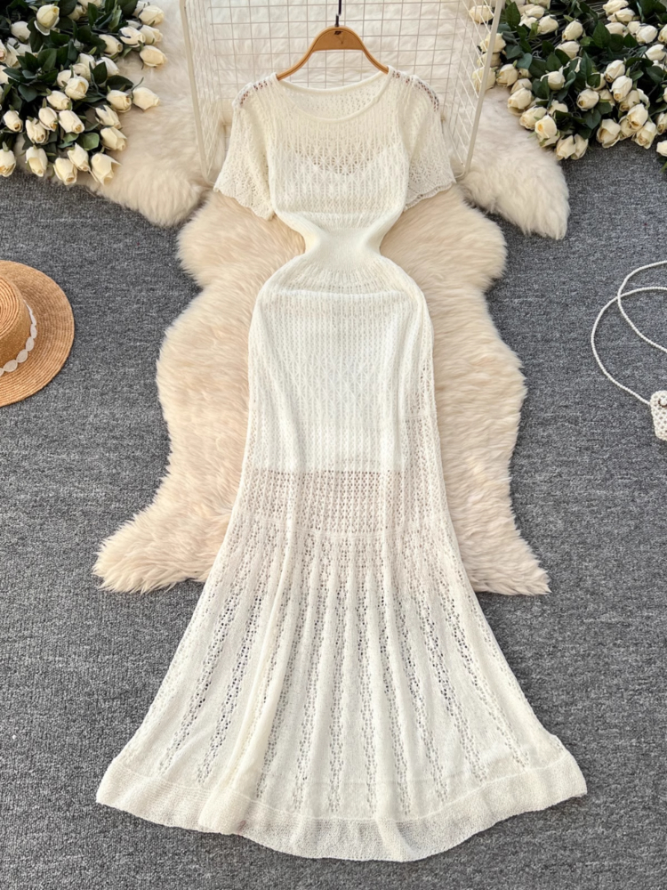 Robe tricotée creuse pour femmes, tenue d'été à manches courtes, queue de poisson, moulante, avec Camisole, Vintage, longue Robe de soirée