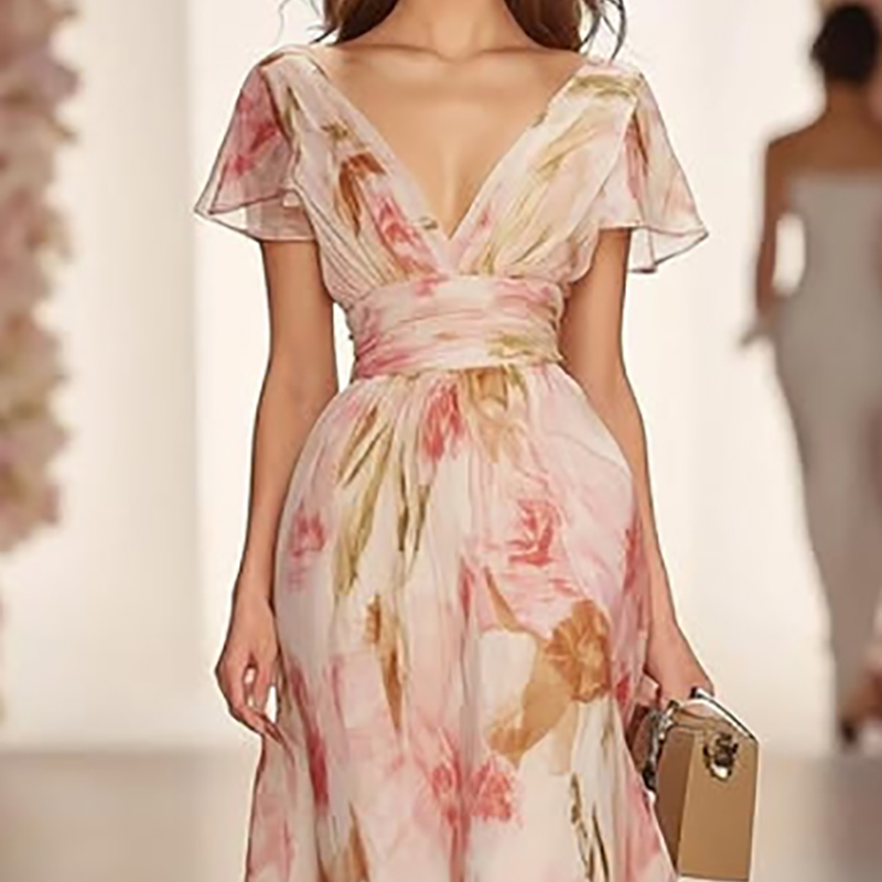 Robe longue Style Boho, imprimé Floral, élégante, col en V, taille haute, robe de soirée, manches courtes, fermeture éclair, Maxi, printemps, été