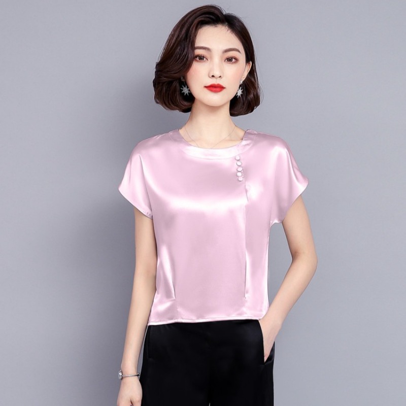 Chemisiers en mousseline de soie pour femmes, couleur unie, style soie, manches courtes, été
