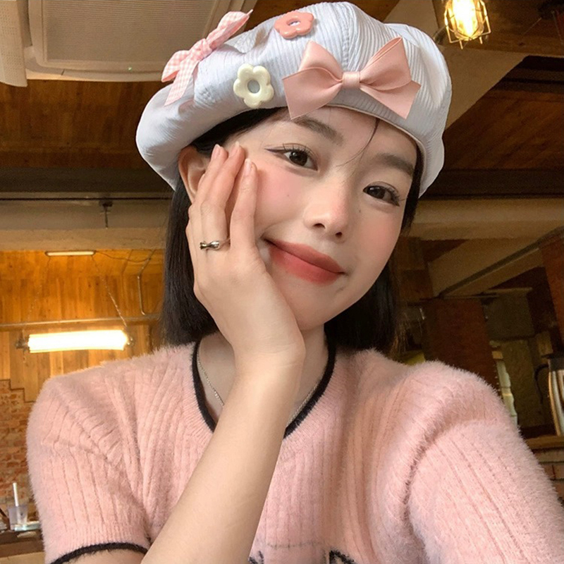 Béret octogonal pour femme, style japonais, avec nœud et bouton décoratif, en coton uni, pour artiste peintre