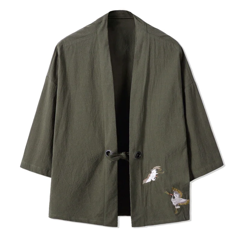 Kimono pour hommes, broderie de grue, style japonais Harajuku, cardigan décontracté en coton, costume de samouraï pour hommes, Yukata, vêtements asiatiques, vestes pour hommes