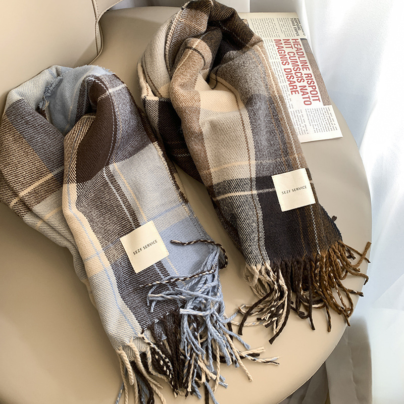 Écharpe à carreaux de luxe en cachemire chaud pour femme, Long Bandana Pashmina, châle et enveloppes à pampilles, Design 2024, hiver