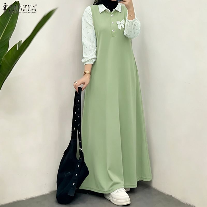 Robe longue modeste pour femmes musulmanes, col à demi-boutons, manches bouffantes, patchwork, robe longue ZANZEA, abaya islamique, robes femme
