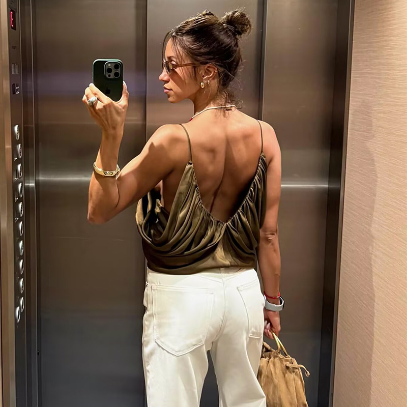 Hauts à bretelles en Satin plissé pour femmes, haut sans manches, col en v, Sexy, Chic, été