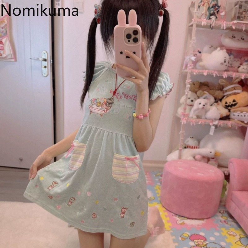 Robe japonaise pour femmes 2025 Vestidos De Mujer Robe d'été brodée mignonne à manches courtes col rond tunique robe douce de dessin animé Femme