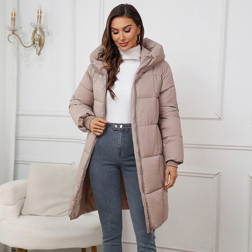 Veste d'hiver longue à capuche pour femme, manteau d'hiver matelassé et épais avec capuche, taille ajustée, longueur mi-longue