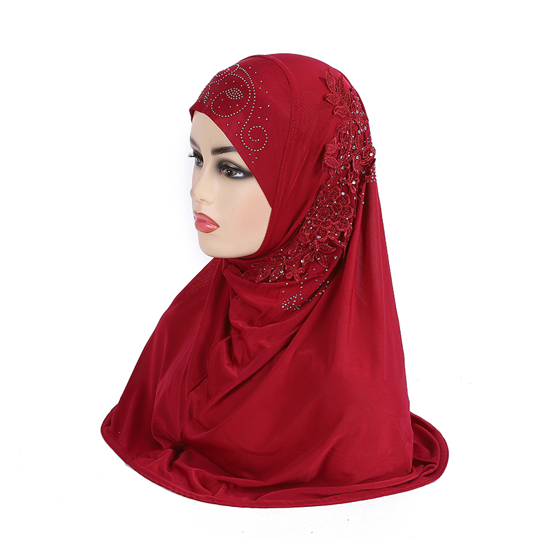 H027 Magnifique Hijab Musulman pour Adolescentes avec Dentelle et Pierres, Écharpe Islamique, Châle, Foulard, Chapeau Armia, à Enfiler, Cadeau de Ramadan