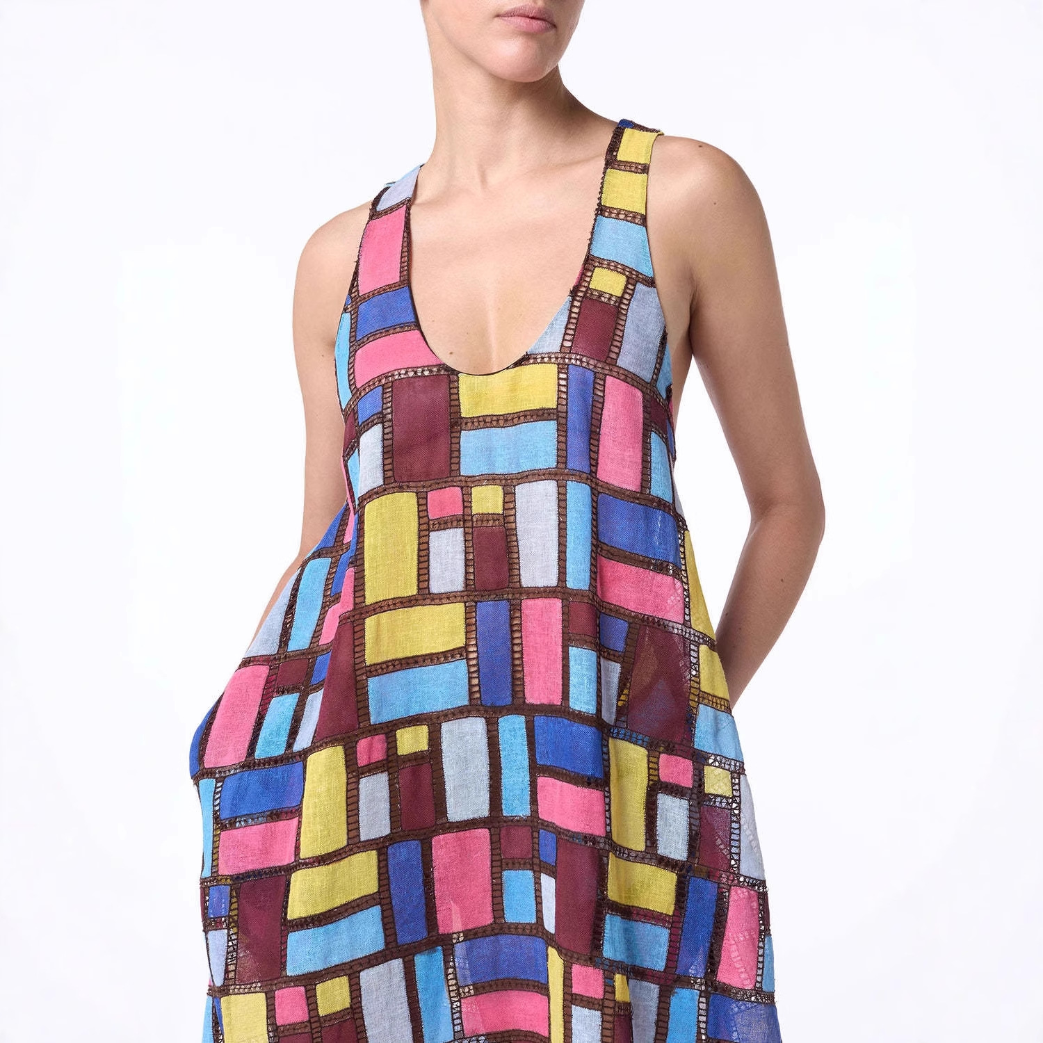 Carrés colorés sans manches longues robes femmes mode Sexy col en U poche ample Maxi robe été dame vacances trajet robe
