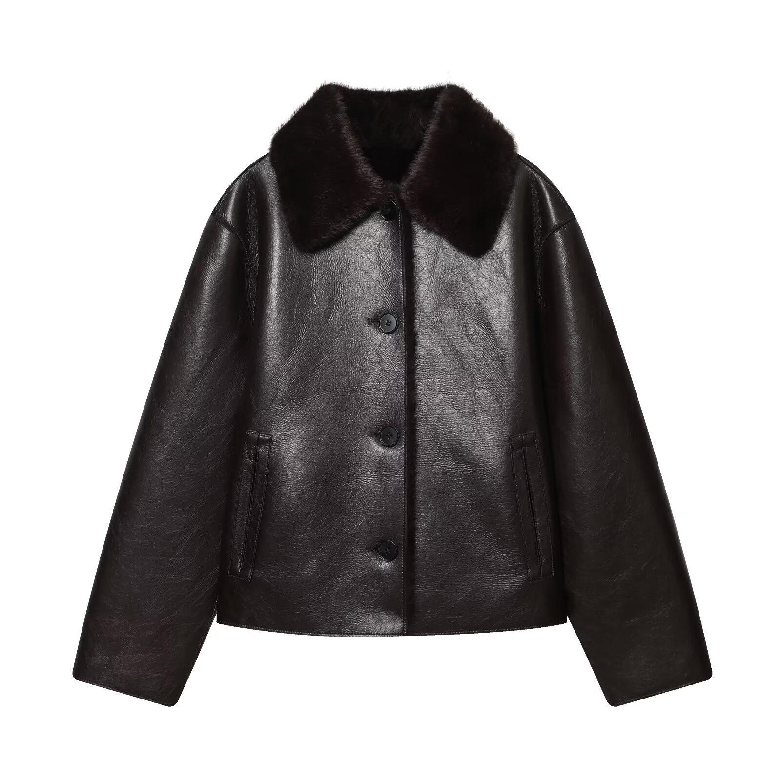 Veste femme 2025 automne/hiver nouveautés marron foncé à manches longues en simili cuir veste réversible élégante et Unique