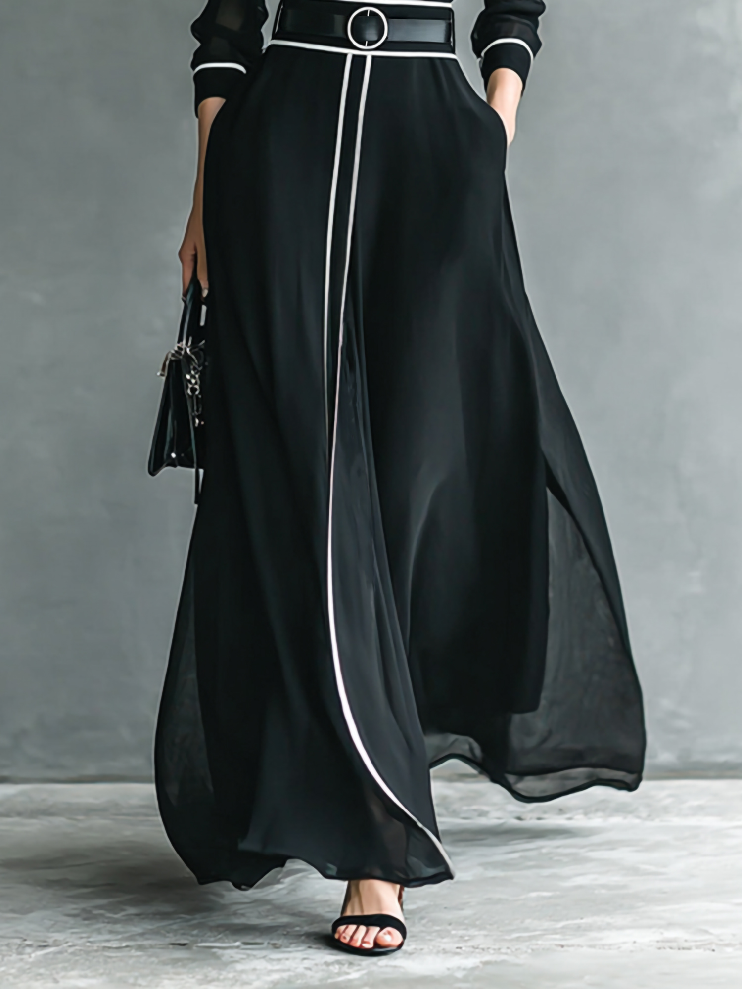 Robe longue élégante en mousseline de soie, col montant, manches longues avec bordure blanche, idéale pour le bureau, les affaires, les banquets et les soirées