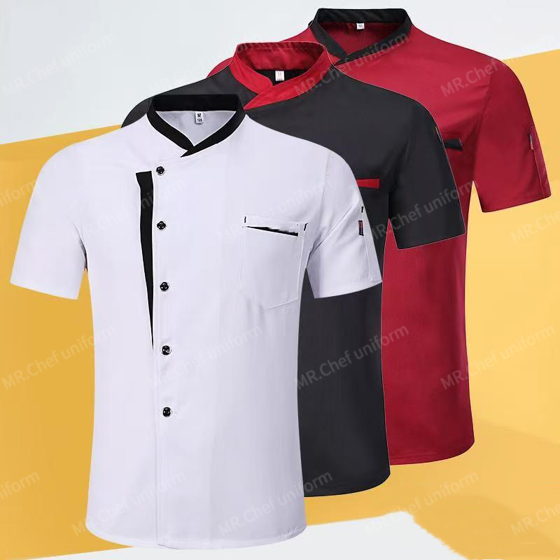 Uniforme de Chef à manches courtes, ensemble d'été pour Restaurant, hôtel, cuisine, vêtements de travail pour hommes, veste de Chef respirante, tenue tablier, manteau de chef pour femmes