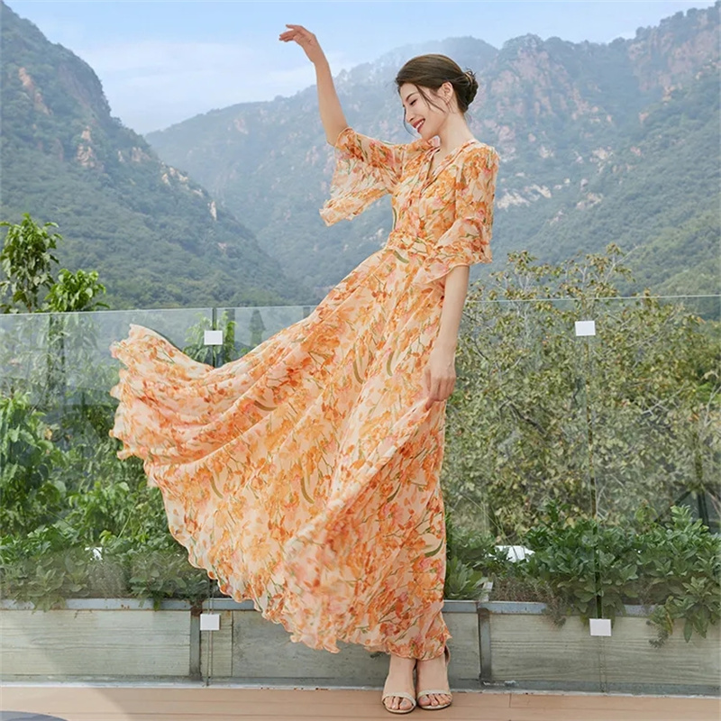 Femmes nouveau col en v jupe longue florale femme 2025 été élégant vacances Cool sentiment en mousseline de soie taille cintrée jupe impression robe