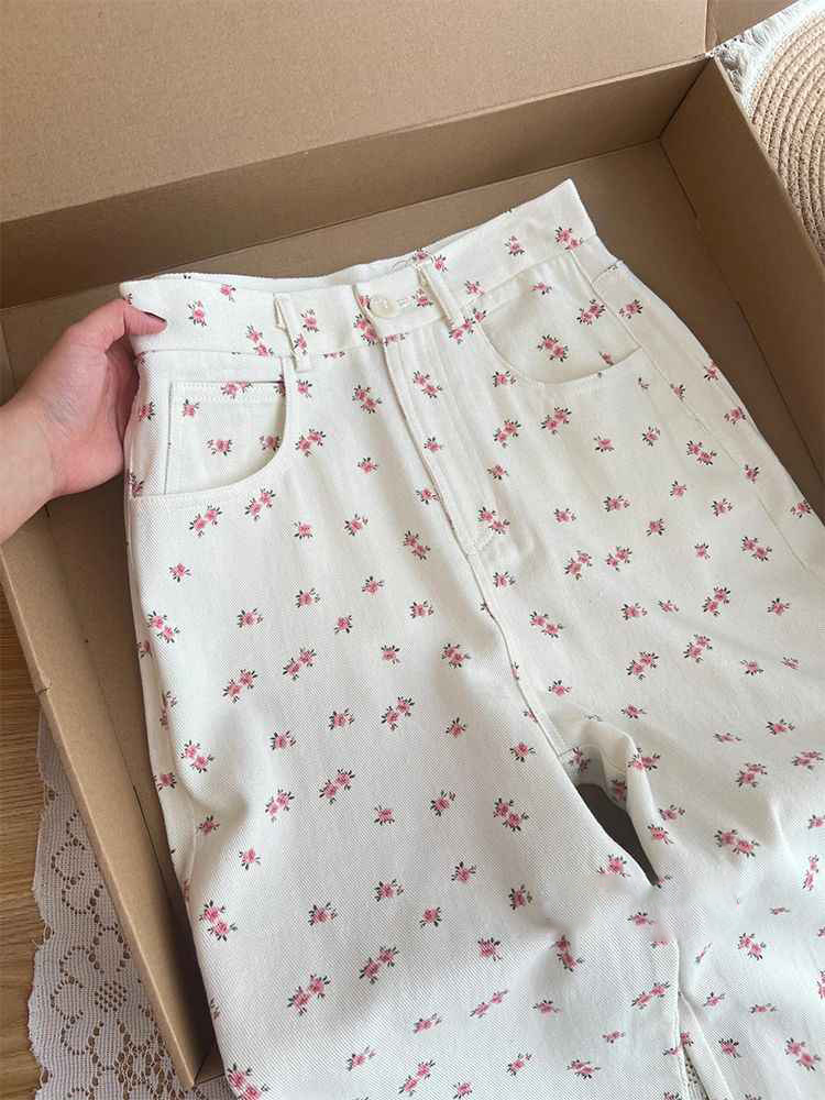 Pantalon en Denim à fleurs blanches simples pour femmes, nouvelle collection printemps été 2021, taille haute, jambes larges, décontracté, polyvalent