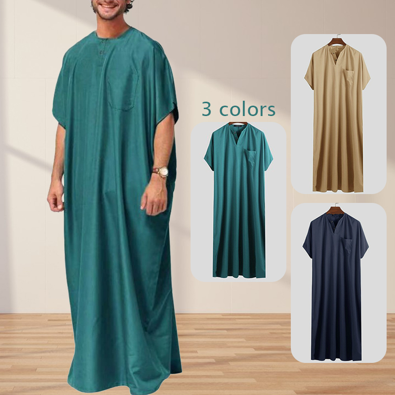 Caftan musulman à manches courtes pour hommes, vêtements de loisirs amples, vêtements musulmans d'été, vêtements arabes islamiques, pays du moyen-orient