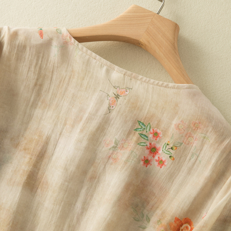 Style chinois abricot impression florale col rond manches courtes T-shirt femmes Blouse chemise mode coréenne femme vêtements hauts 2024
