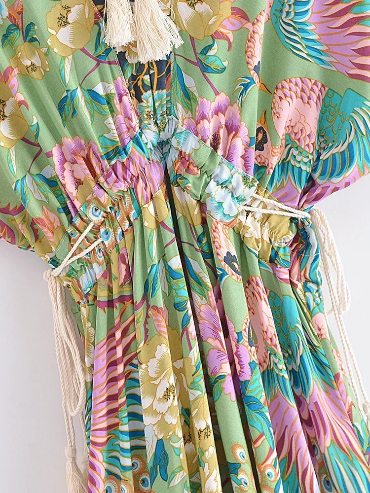 Boho Queens Women Peacock Floral Print Bat Sleeve Beach Bohemian Maxi Dresses Ladies V Neck Tassel Summer Rayon Dress