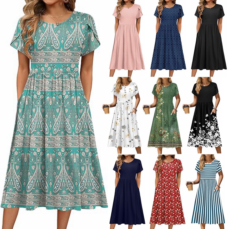 Robes longues élégantes pour femmes, collection été 2026, col rond, motif floral, manches courtes, pour femmes, Vestidos Robes