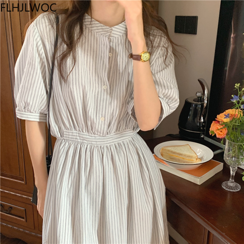 Robe longue à boutons et rayures pour femmes, tenue Chic, mode coréenne, Style japonais, coréen, simple boutonnage, boutons, longue chemise