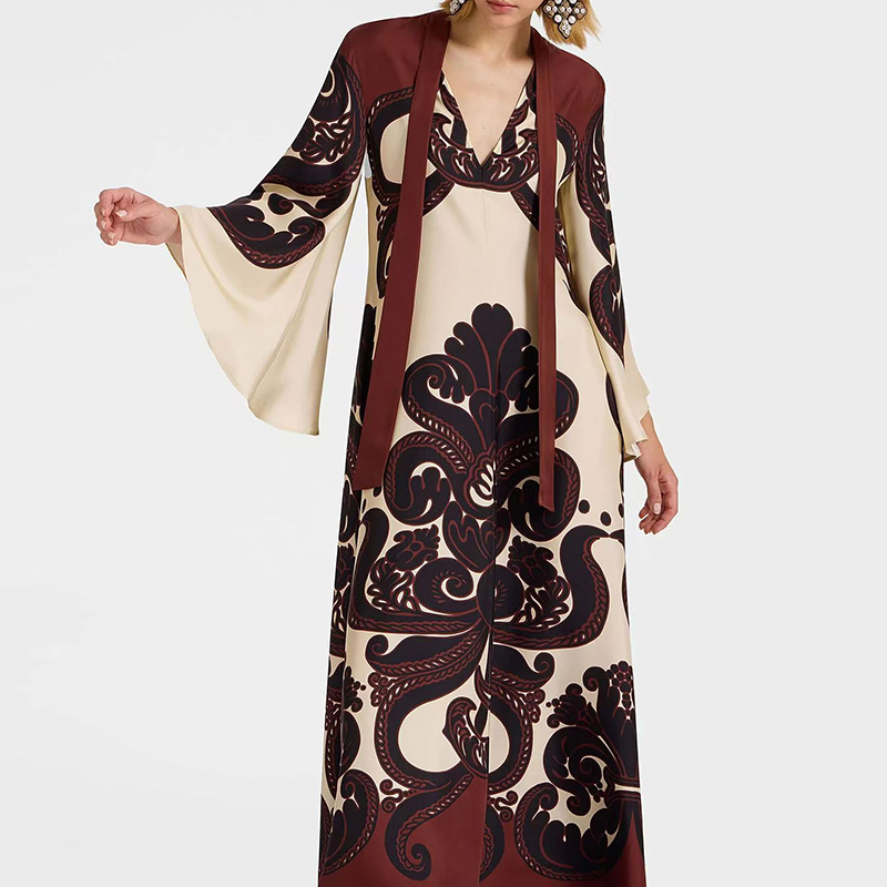 Robe longue à lacets pour femmes, motif ethnique musulman imprimé, Vintage, Sexy, col en V, manches 3/4, ample, robe de soirée Maxi, printemps automne