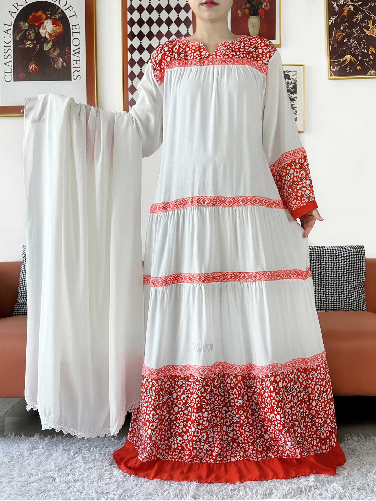 Ventes Exclusives 2026 Nouvelle Robe Africaine Boubou KASHKHA en Coton Abaya Ample Musulmane avec Grand Foulard Maxi pour le Ramadan