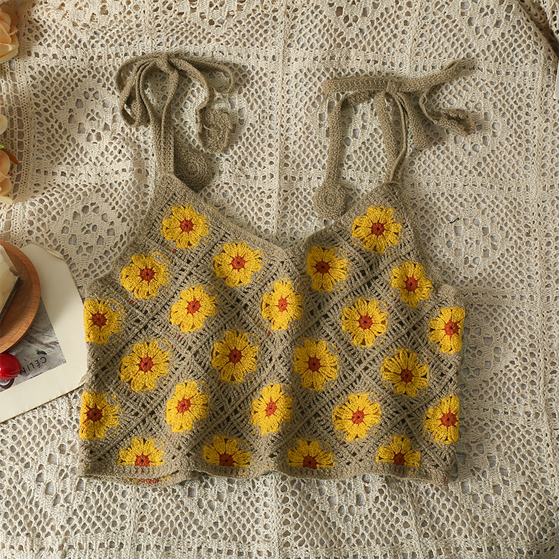 Haut court sans manches en Crochet pour femmes, broderie florale, à lacets, plage, douce, pour filles, débardeur de Style français, livraison directe
