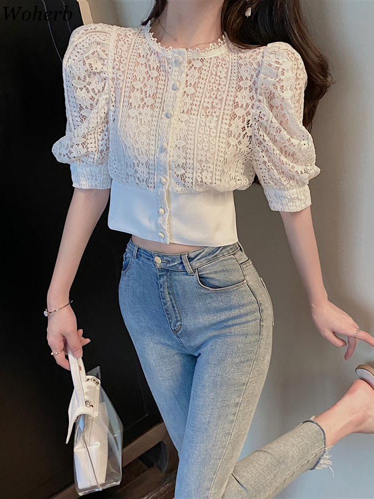 WoBjSweet-Chemisier en crochet pour femme, chemise évidée sexy, manches bouffantes vintage, chemises coréennes, mode chic, Y-Blusas
