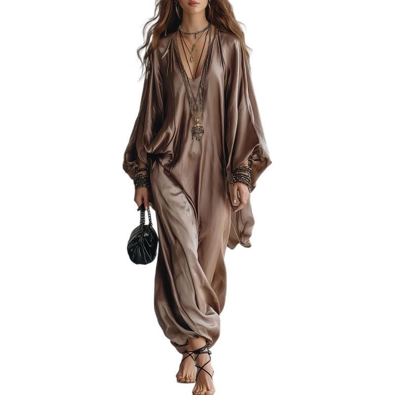 Robe longue en satin pour femme, col en V, manches chauve-souris, coupe ample, style kaftan bohème, élégante, pour les vacances, les soirées, la mode automne, grandes tailles