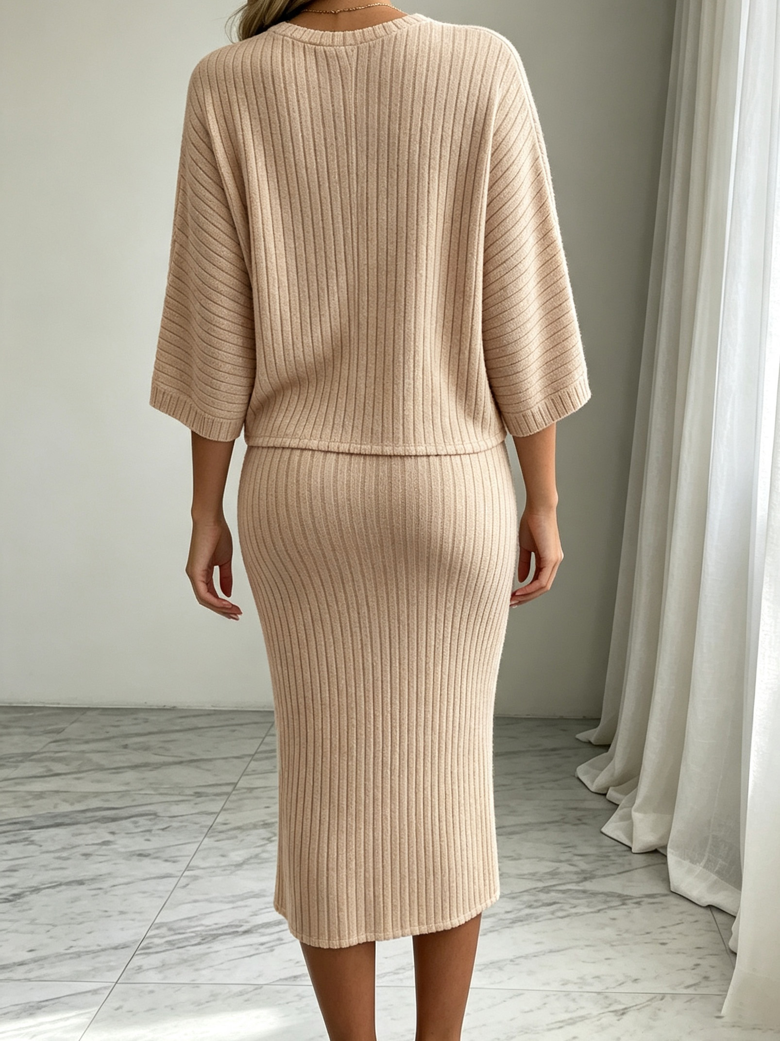 Ensemble de tenue en tricot pour femmes, 2 pièces, couleur unie, col rond, haut à manches longues, jupe midi, élégant, pour le bureau, pour les trajets domicile-travail